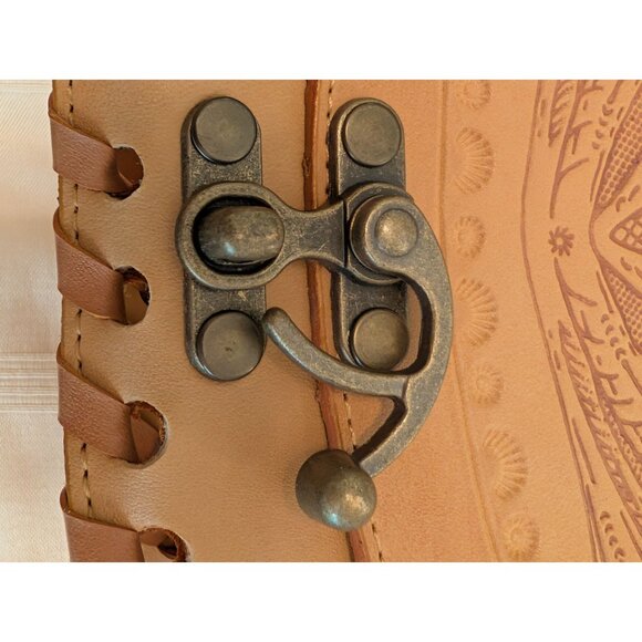 Small Leather Crossbody Bag W/ Floral Embossed Tooled Design Brass Latch Closure - Picture 9 of 13